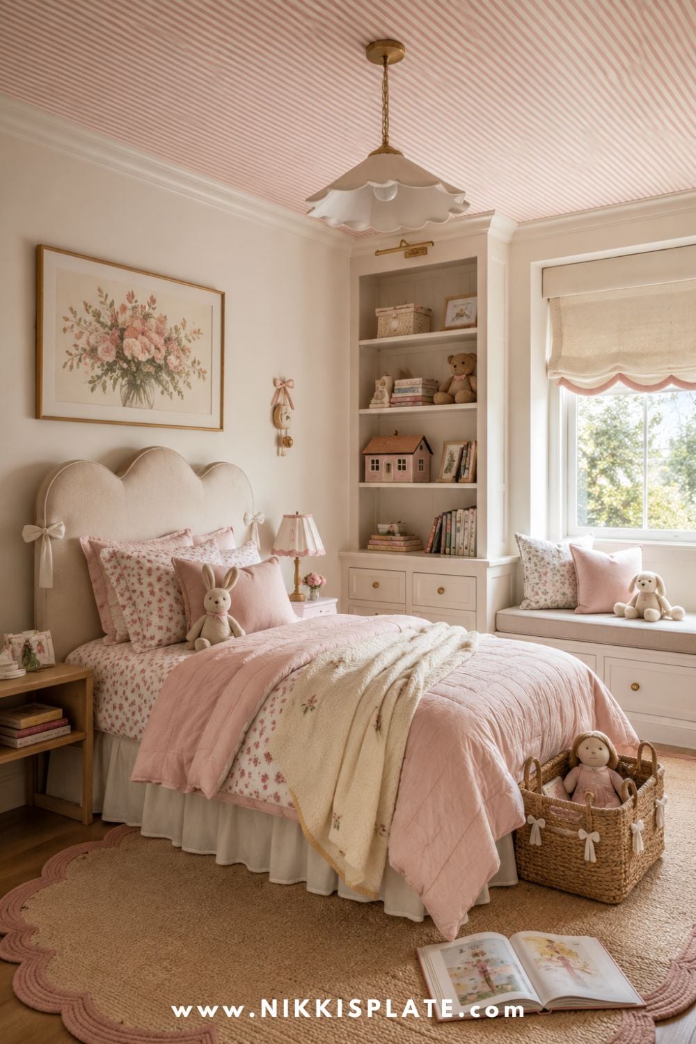 Soft pink little girl's bedroom with a minimal thin striped ceiling, scalloped upholstered bed, floral bedding, built-in shelves, and cozy feminine decor.