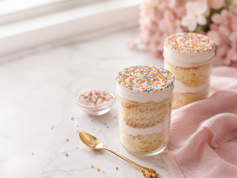Mason jar dot cake recipe with visible layers of vanilla cake and white frosting, topped with rainbow dot sprinkles for a fun party dessert.