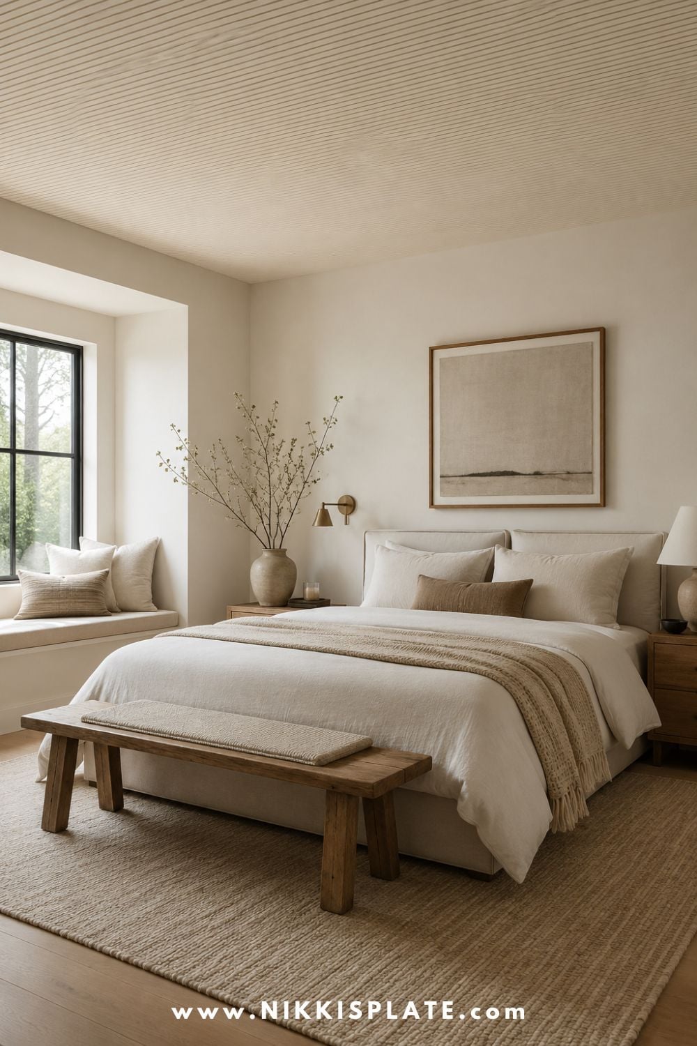 Minimal neutral bedroom with a subtle thin striped ceiling, cream bedding, warm wood furniture, a cozy window seat, and soft natural light.