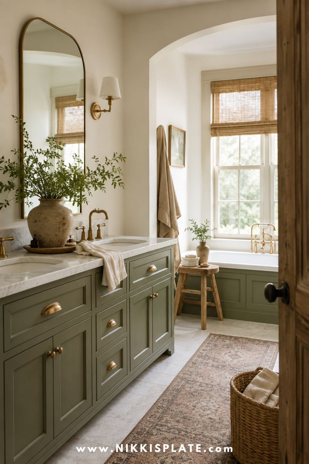 Modern farmhouse bathroom with green double vanity, marble countertop, brass hardware, arched mirror, built-in bathtub nook, woven basket, vintage runner rug, and soft natural light.