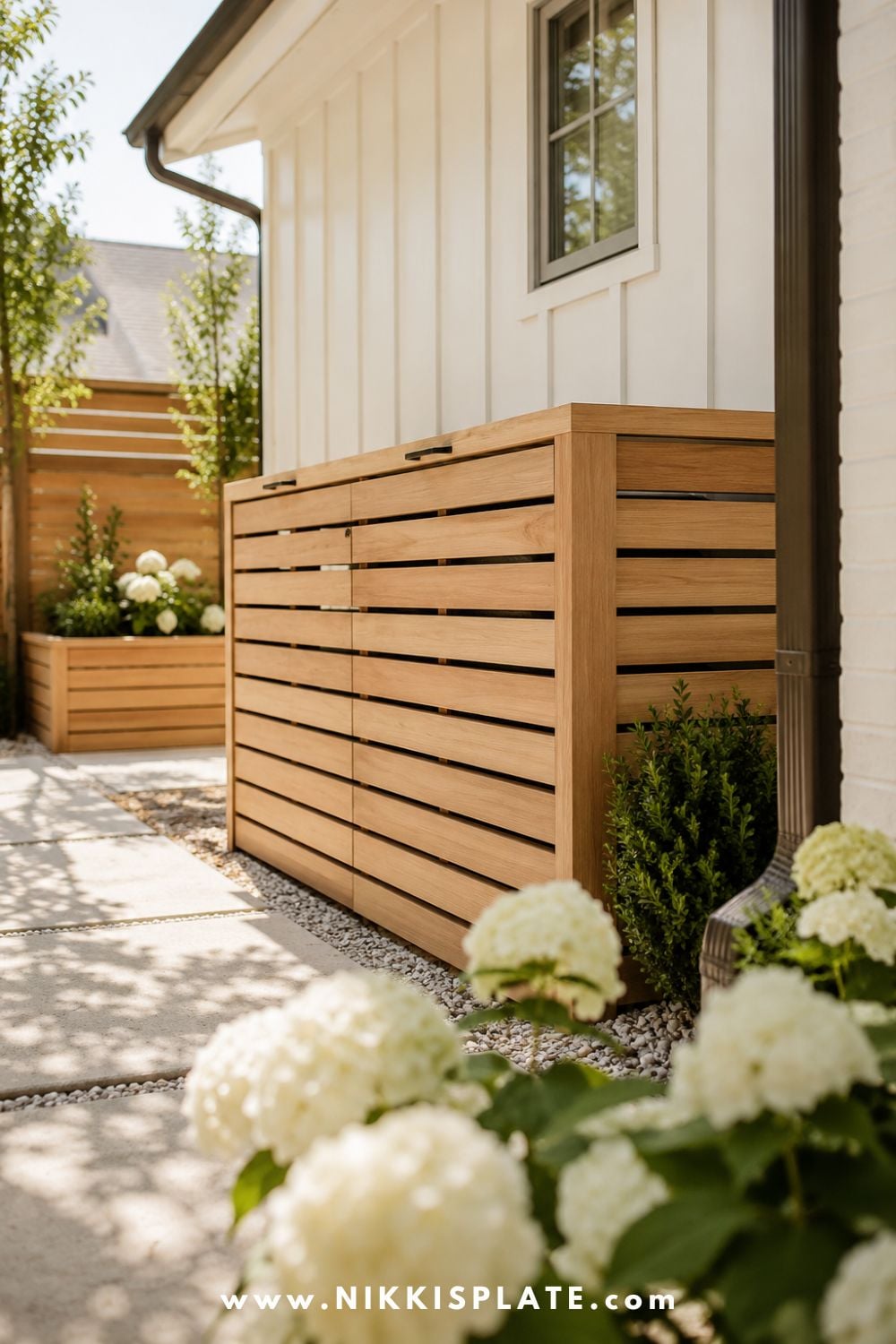 Modern horizontal wood slat enclosure hiding outdoor garbage cans beside a white farmhouse with hydrangeas and a stone walkway.