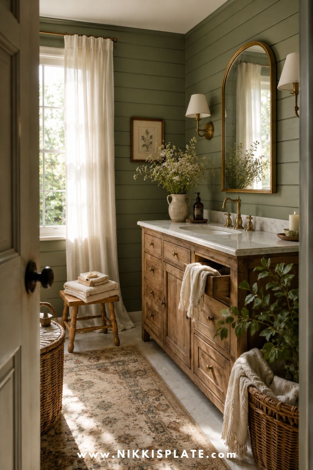 Moody green shiplap bathroom with rustic wood vanity, marble countertop, brass fixtures, arched mirror, linen curtains, woven basket, and vintage rug.