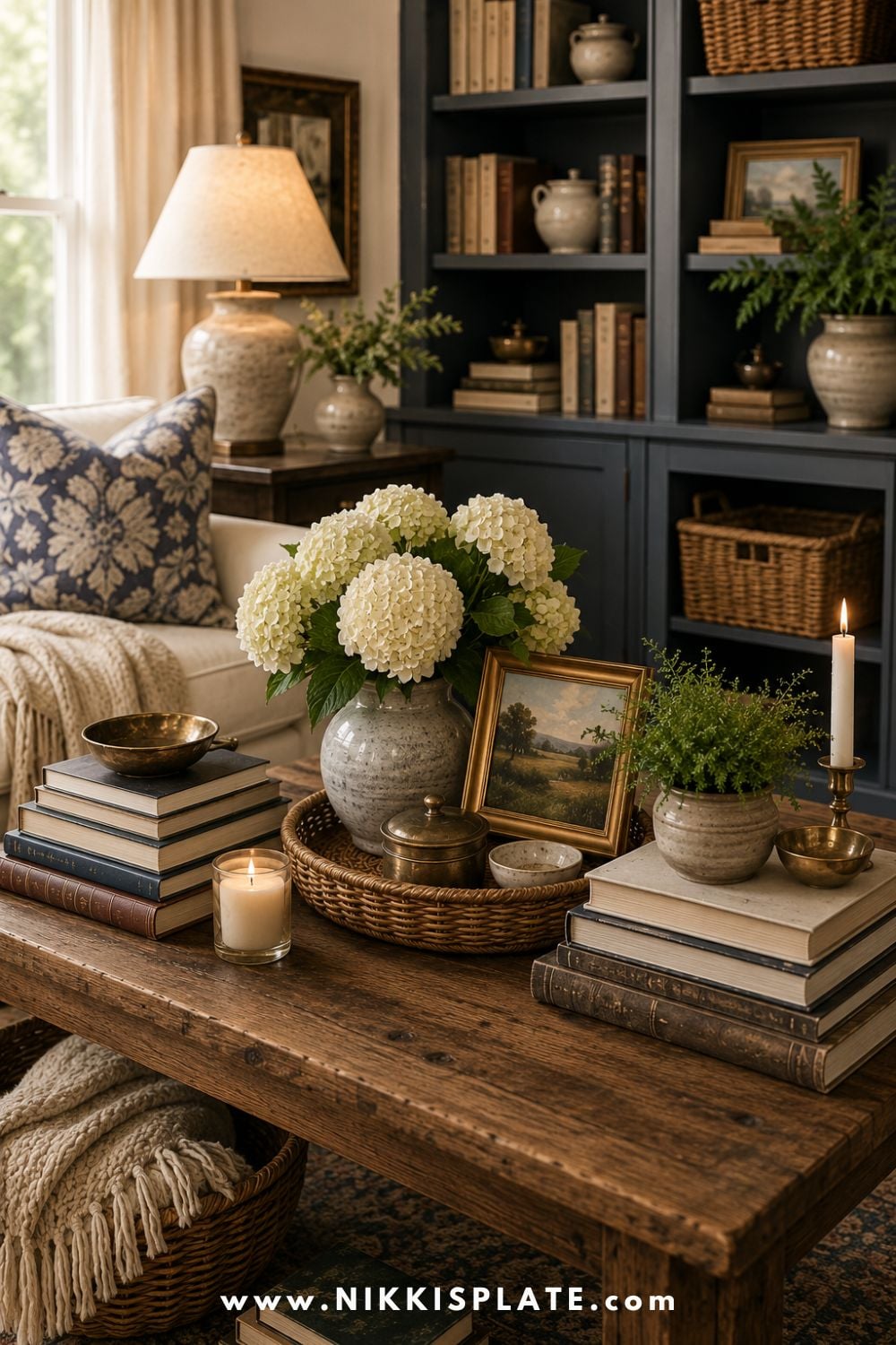 Nancy Meyers aesthetic home decor with stacked books, collected decor, warm neutral styling, vintage artwork, soft lamp lighting, and a cozy lived-in cottage style vignette.