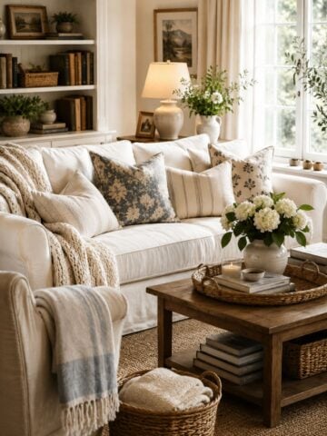 Nancy Meyers aesthetic living room with a white slipcovered sofa, classic layered decor, cozy throws, table lamp, fresh flowers, woven baskets, vintage books, warm neutrals, and timeless cottage style.
