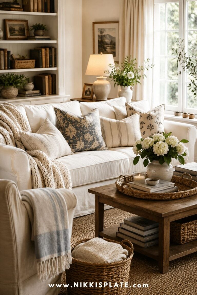 Nancy Meyers aesthetic living room with a white slipcovered sofa, classic layered decor, cozy throws, table lamp, fresh flowers, woven baskets, vintage books, warm neutrals, and timeless cottage style.