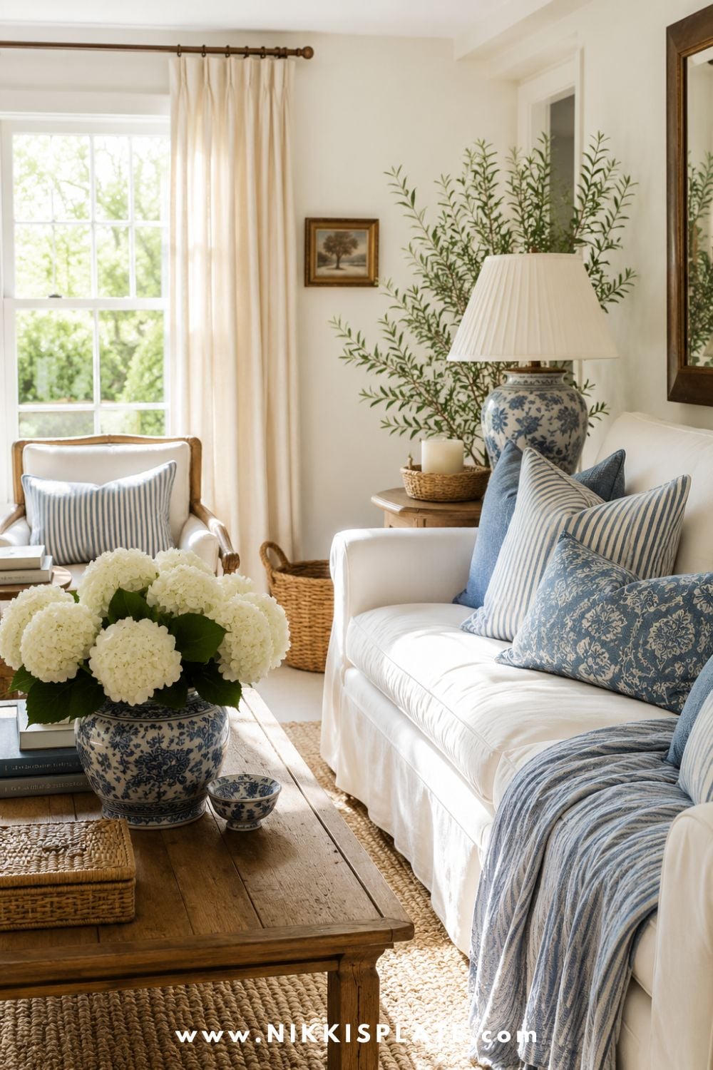 Nancy Meyers aesthetic living room with coastal grandmother decor, white slipcovered sofa, blue and white pillows, linen curtains, fresh hydrangeas, woven baskets, warm wood tones, and classic table lamp.