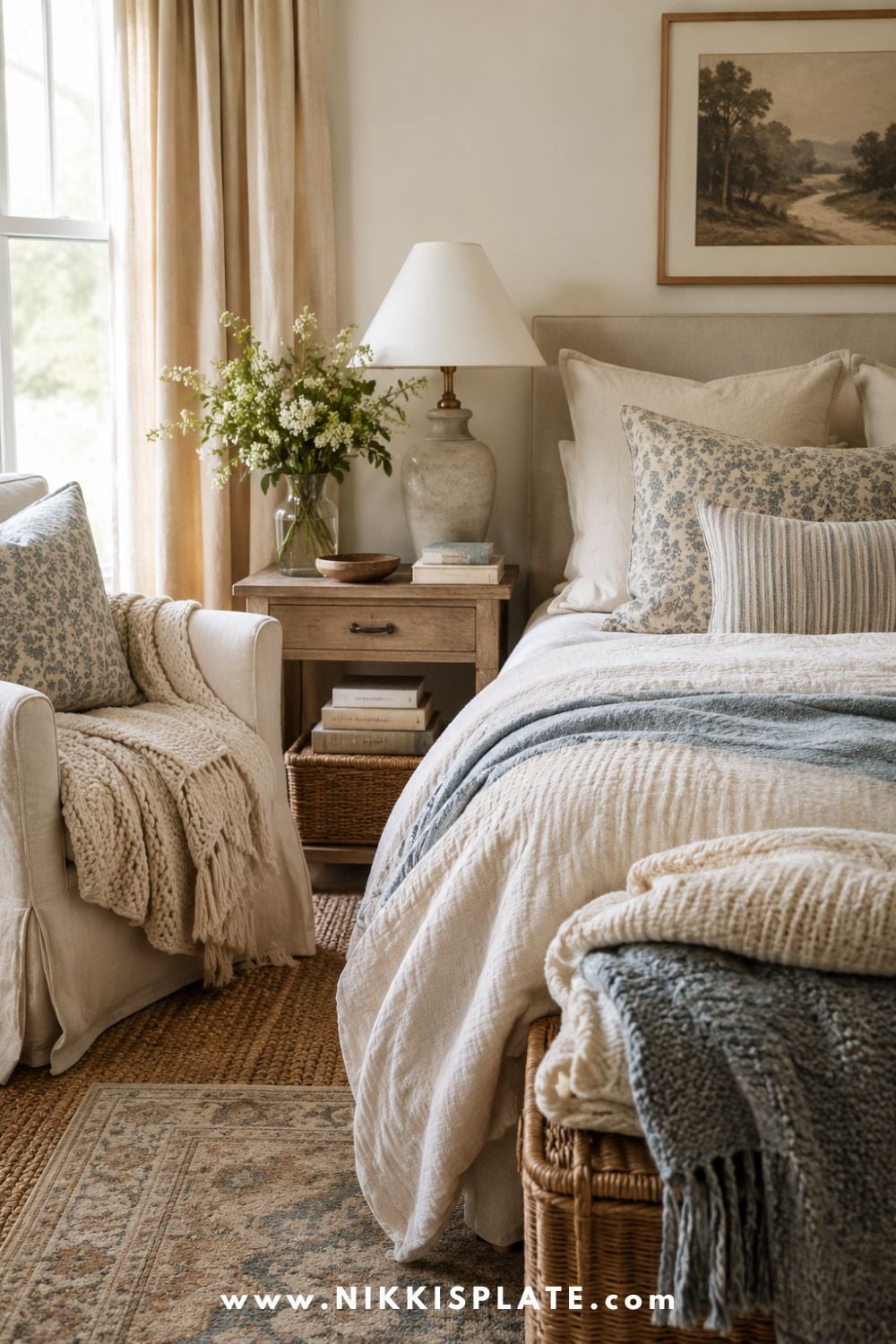 Nancy Meyers aesthetic bedroom with layered textiles, soft linen bedding, cozy knit throws, blue patterned pillows, woven baskets, table lamp, vintage art, and warm neutral cottage style decor.
