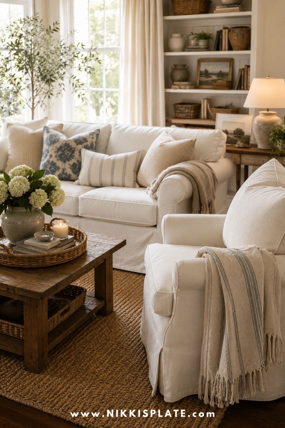 Nancy Meyers aesthetic living room with white slipcovered furniture, cozy layered textiles, woven basket, rustic coffee table, fresh hydrangeas, warm neutrals, table lamp, and classic cottage style decor.