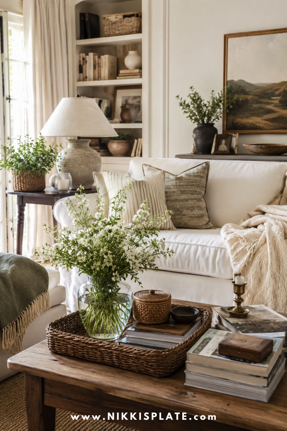 Nancy Meyers aesthetic living room with timeless home styling, warm neutral decor, white slipcovered sofa, fresh greenery, woven tray, stacked books, vintage art, table lamp, cozy throw blanket, and collected cottage style accents.