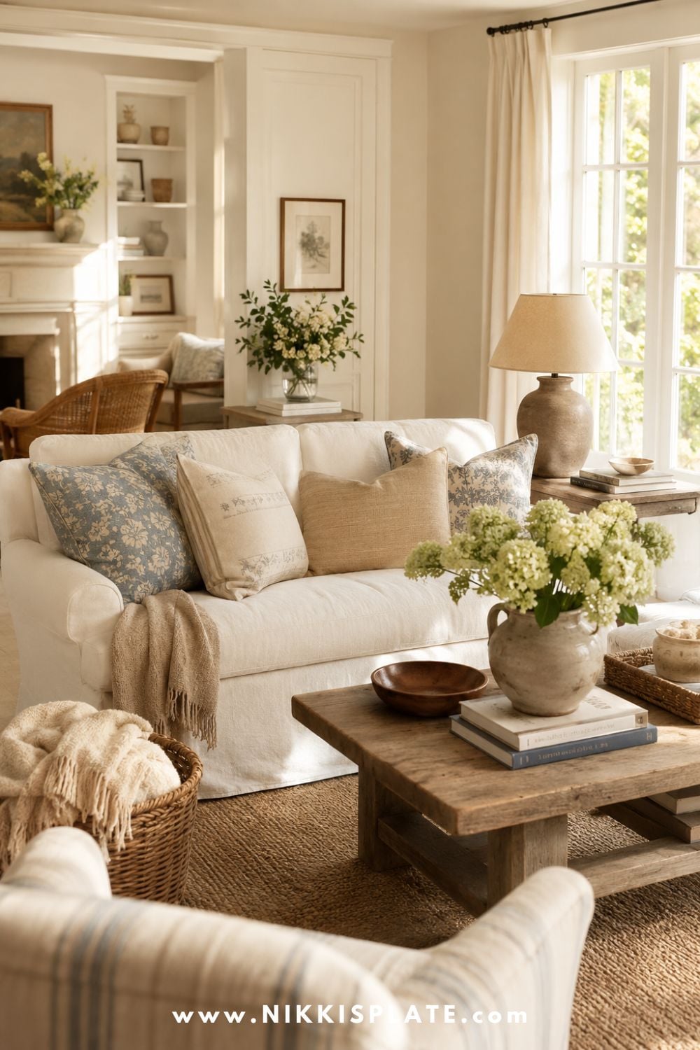 Nancy Meyers aesthetic living room with warm neutral decor, a white slipcovered sofa, layered throw pillows, fresh flowers, woven baskets, table lamp, vintage books, and cozy classic cottage style.