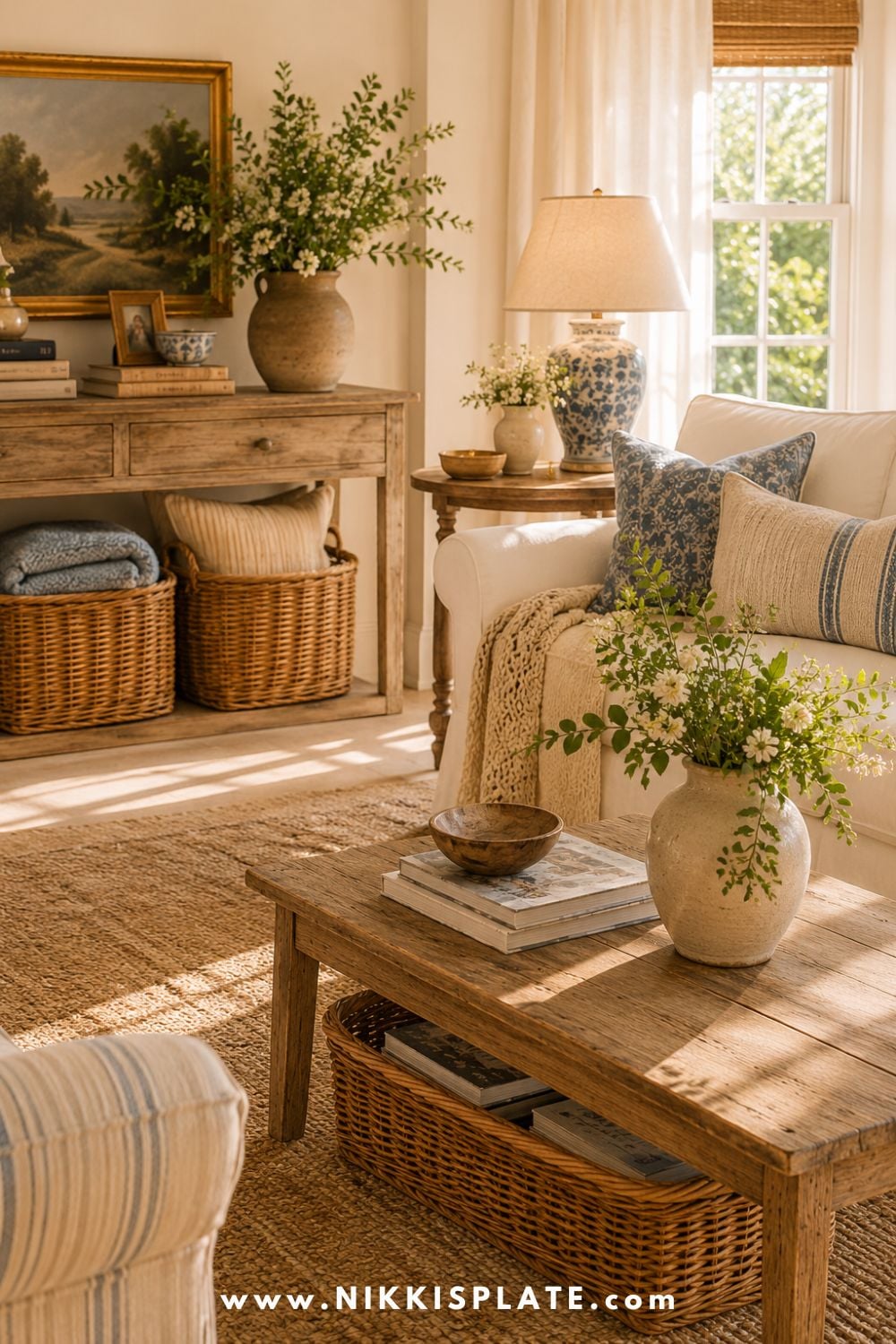 Nancy Meyers aesthetic living room with woven baskets for storage, warm neutral decor, white slipcovered sofa, rustic coffee table, fresh flowers, vintage books, cozy textiles, and classic cottage style.