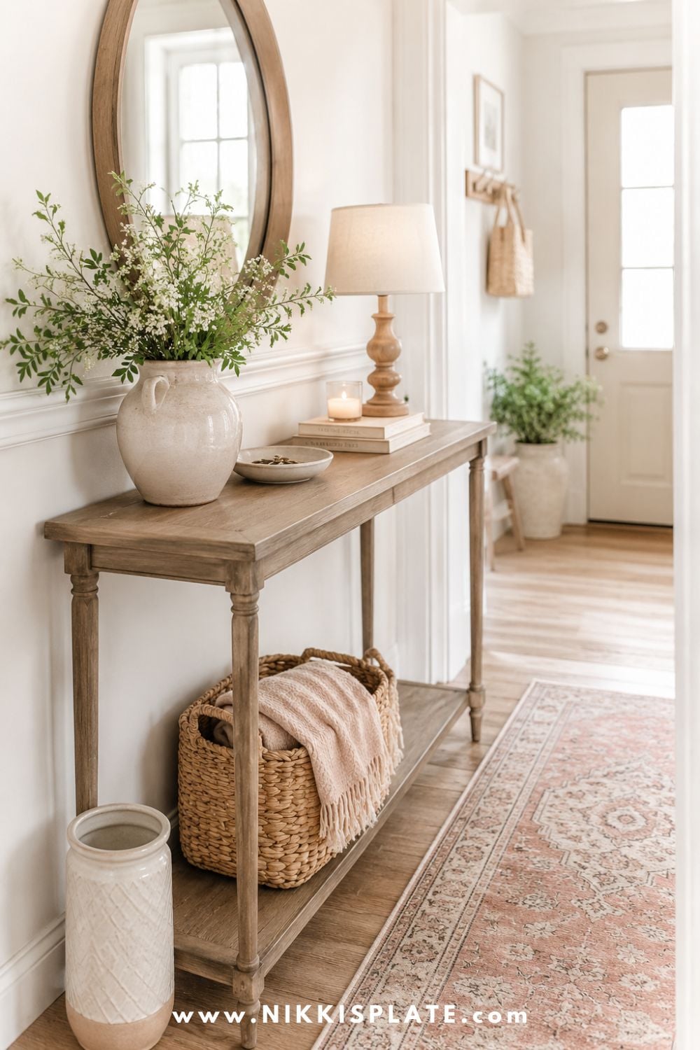 Narrow wood console table in a bright entryway styled with a mirror, lamp, basket, and greenery.