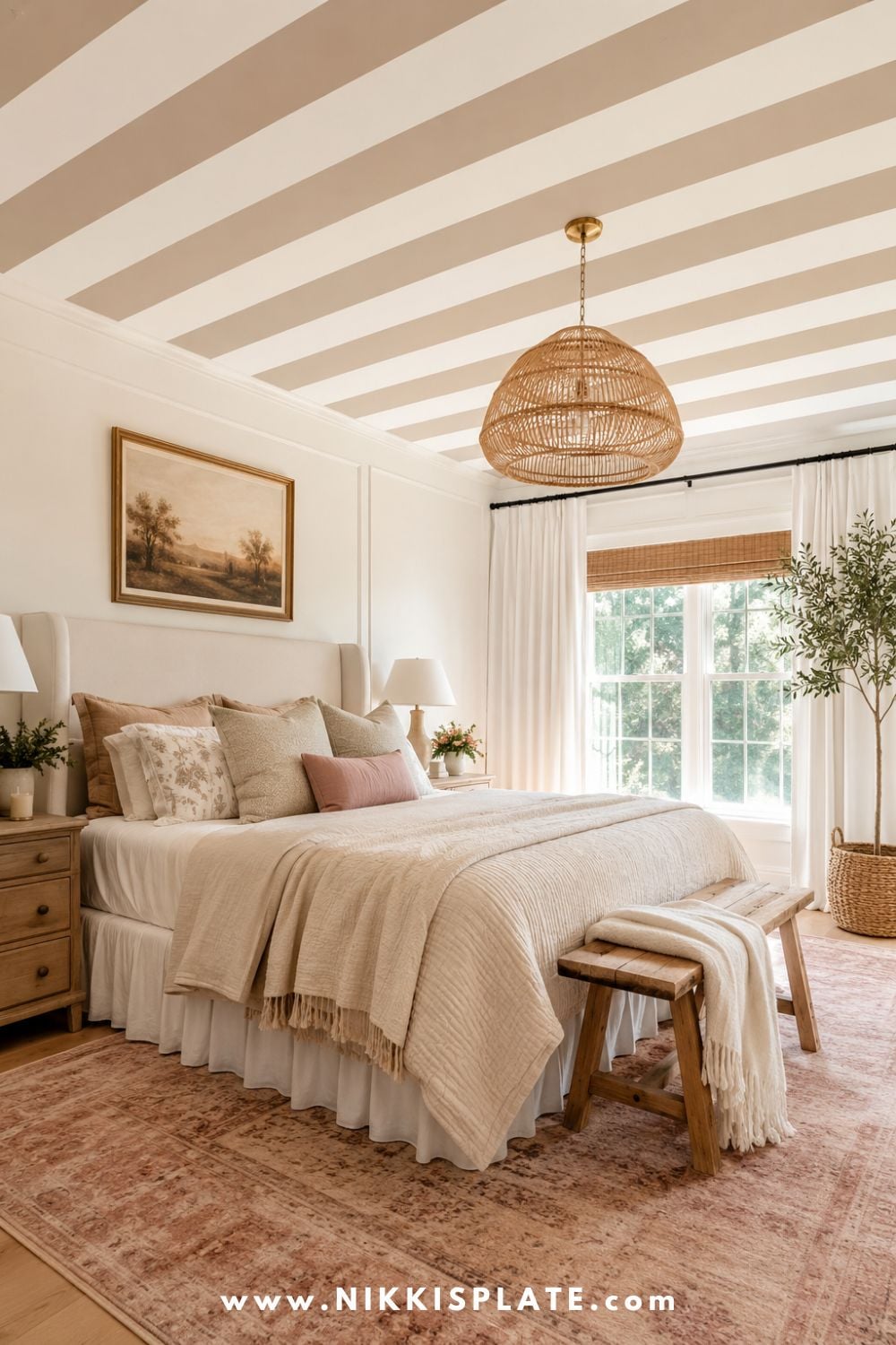 Bright neutral bedroom with a beige and white striped ceiling, woven pendant light, upholstered bed, warm wood bench, layered cream bedding, and soft blush rug.