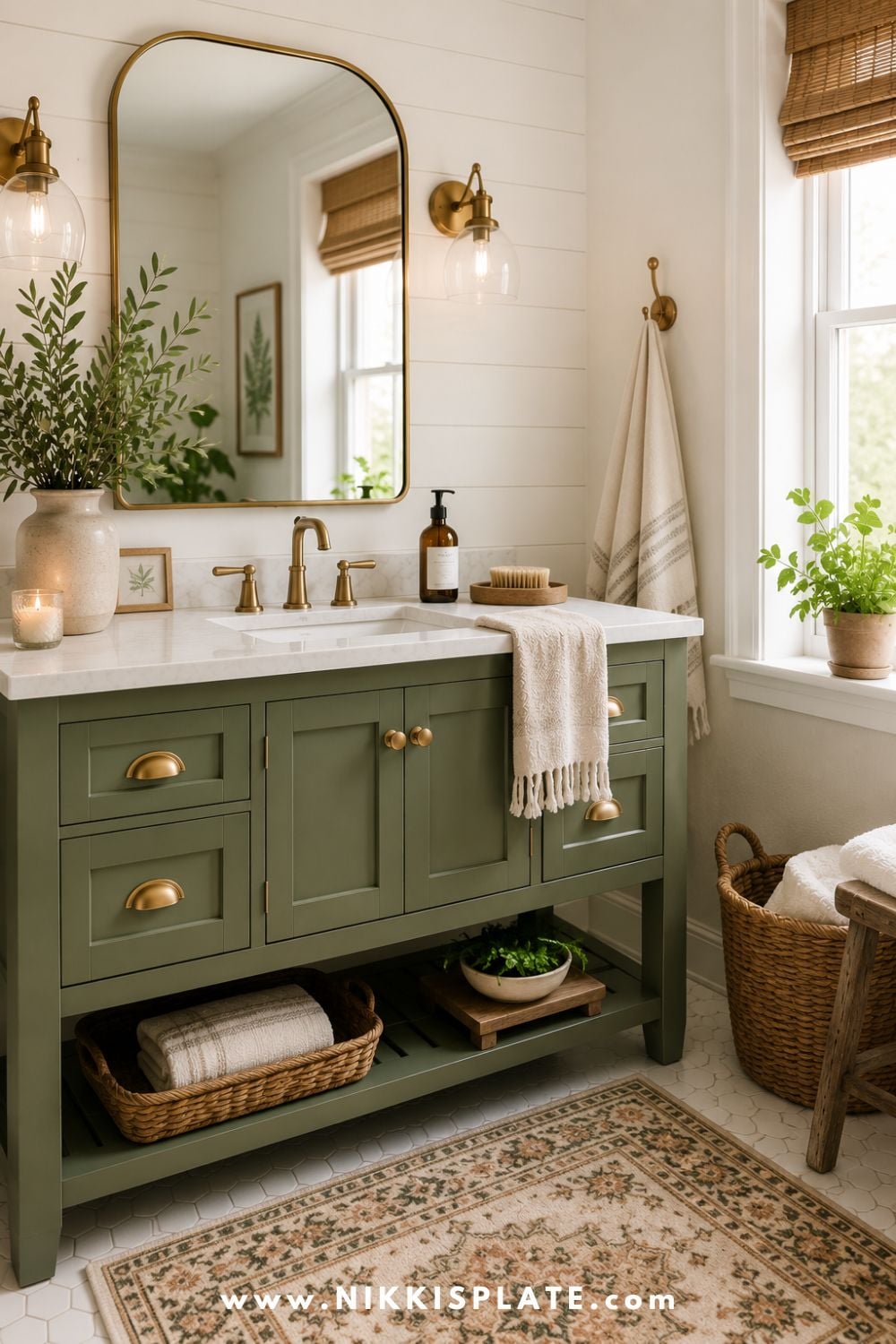 Olive green bathroom vanity with brass accents, white marble countertop, arched mirror, woven baskets, vintage rug, and bright modern farmhouse styling.