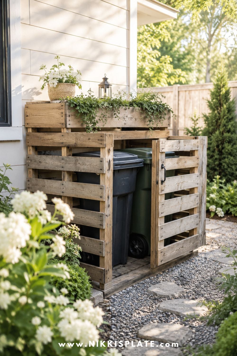 Rustic DIY pallet garbage can enclosure with a hinged gate and planter box beside a white house.