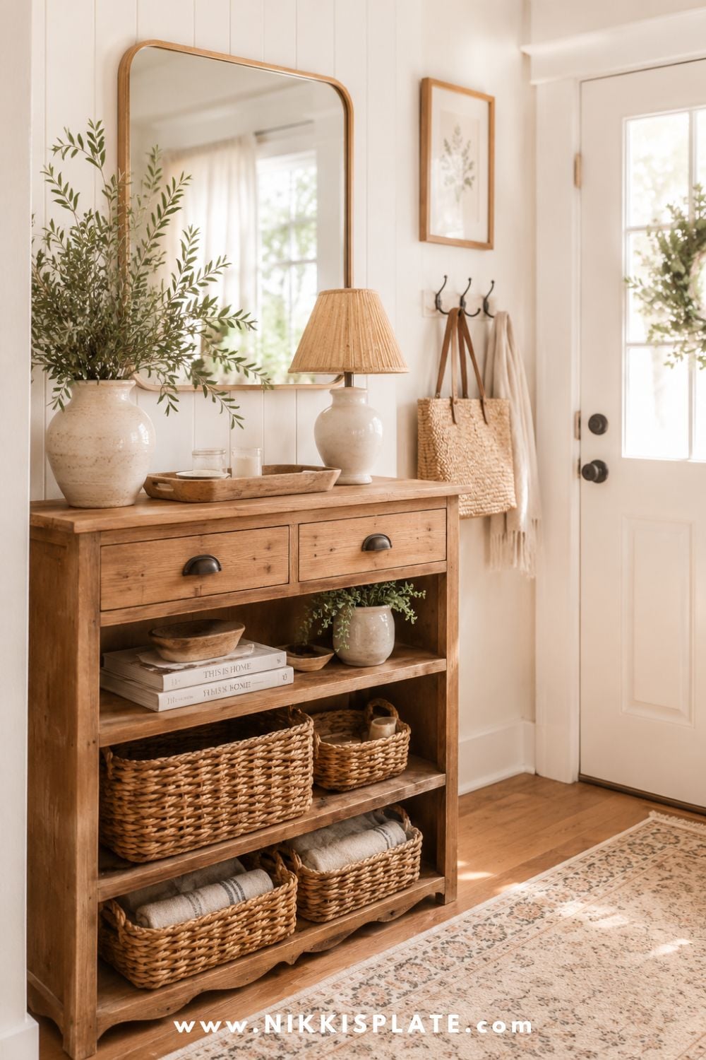 Repurposed wood bookshelf in an entryway styled with baskets, a mirror, lamp, greenery, and hidden storage.