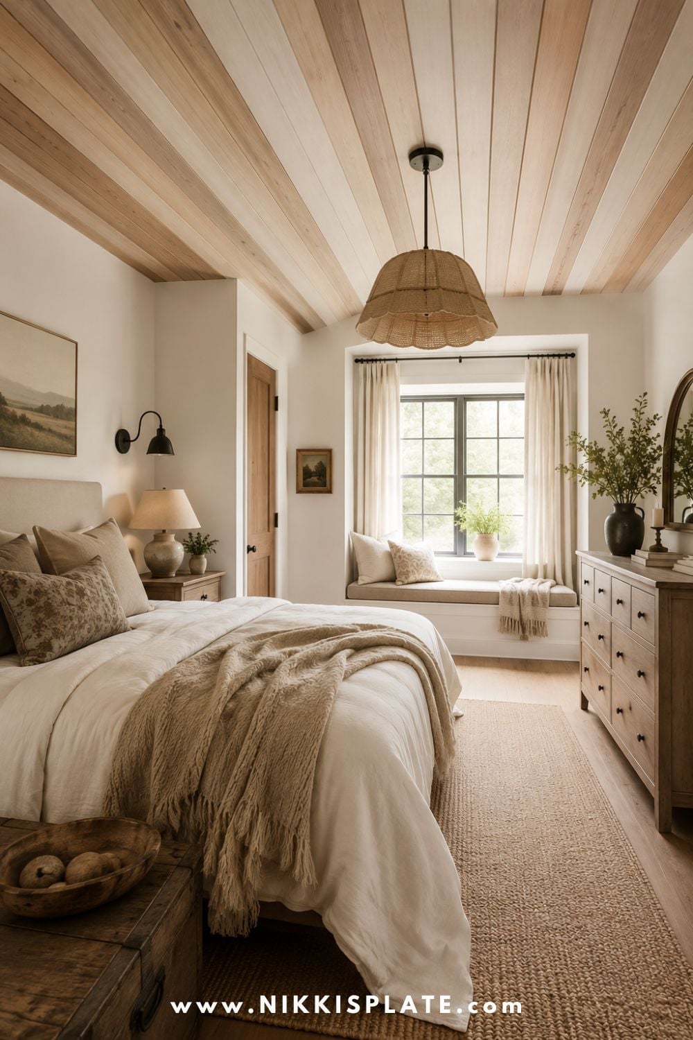 Cozy rustic bedroom with an alternating light wood plank ceiling, cream bedding, woven pendant light, window seat, and natural wood furniture.