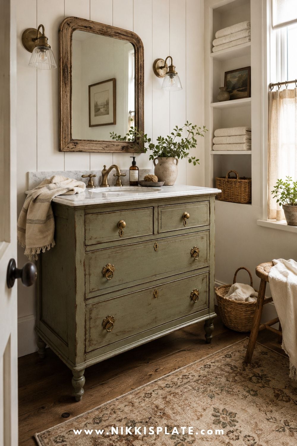 Rustic farmhouse bathroom with an aged green vanity, marble counter, antique brass hardware, wood framed mirror, vintage rug, and built-in towel shelves.