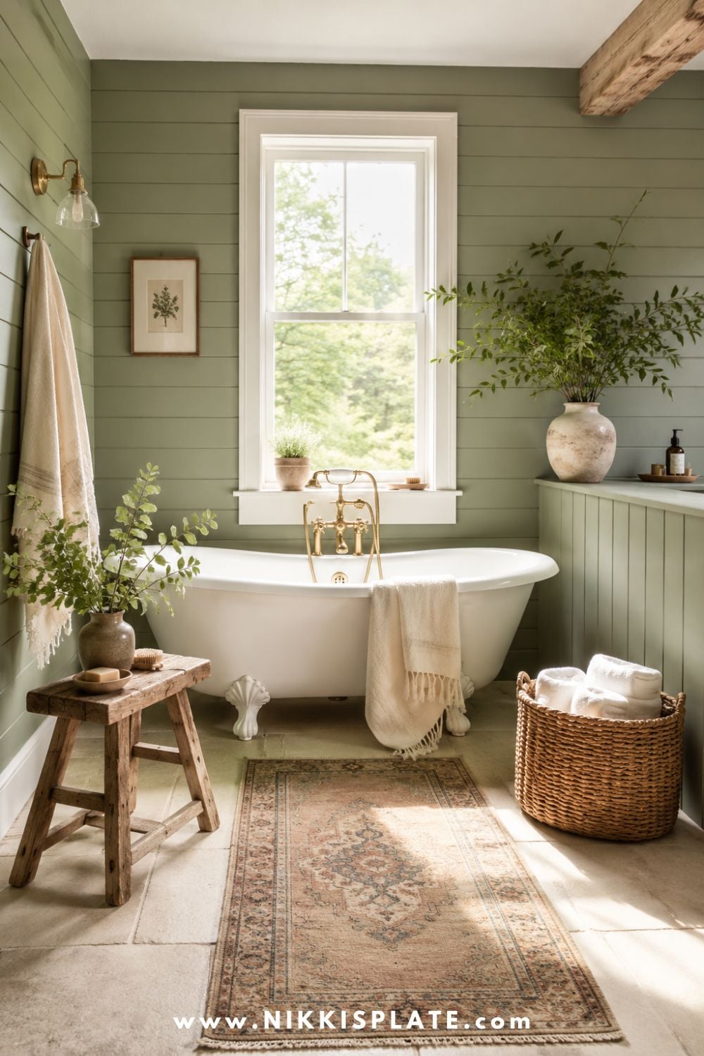 Modern farmhouse bathroom with sage green shiplap walls, white clawfoot tub, brass tub filler, vintage rug, woven basket, wood stool, and soft natural light.