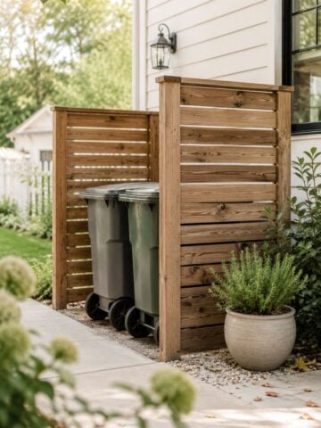 Looking for smart ways to hide outdoor trash bins? These outdoor garbage can storage ideas include privacy screens, enclosed bin sheds, vinyl panels, trellis screens, planter-top enclosures, and more to help keep your yard tidy and beautiful. Get inspired with 15 creative outdoor garbage can storage ideas to hide unsightly bins and make your side yard, driveway, or backyard look more polished.