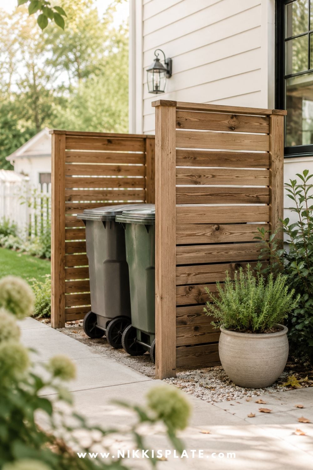 Simple wooden privacy screen hiding outdoor garbage and recycling bins beside a white house.