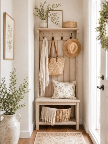 Compact hall tree in a small entryway with hooks, a bench, baskets, and soft neutral farmhouse styling.