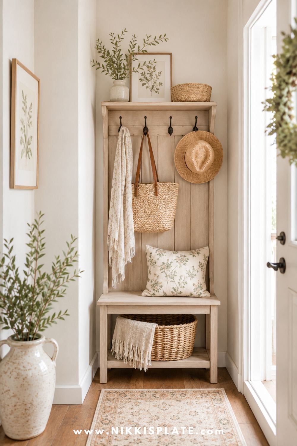 Compact hall tree in a small entryway with hooks, a bench, baskets, and soft neutral farmhouse styling.