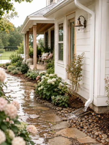 Rain-smart farmhouse exterior with a downspout guiding water into a stone drainage area beside a wet garden walkway after rainfall.