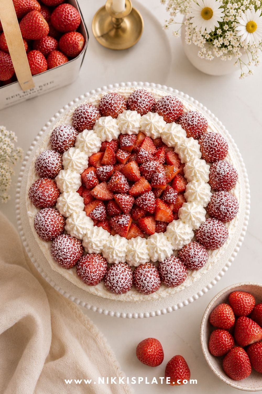 Overhead view of homemade strawberry shortcake topped with fresh strawberries, powdered sugar, and piped whipped cream on a white cake stand.