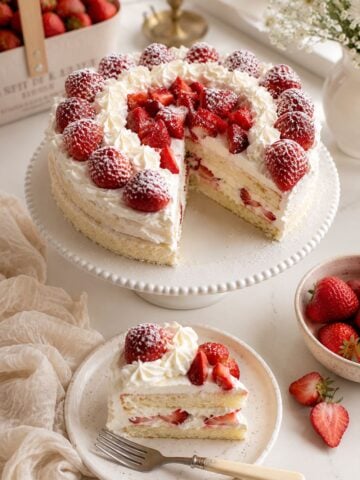 Homemade strawberry shortcake with a slice served on a plate, topped with fresh strawberries, powdered sugar, and homemade whipped cream.