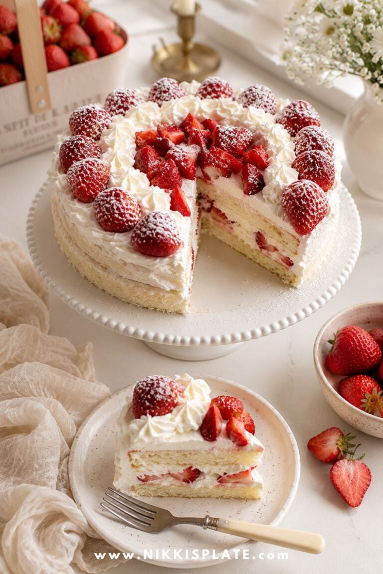 Homemade strawberry shortcake with a slice served on a plate, topped with fresh strawberries, powdered sugar, and homemade whipped cream.