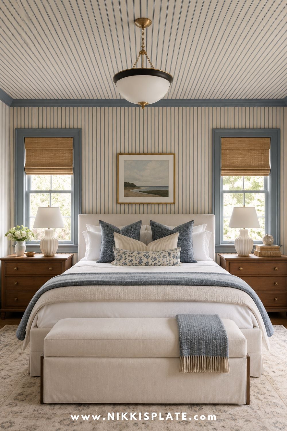 Elegant bedroom with striped wallpaper extending onto the ceiling, a cream upholstered bed, blue-gray accents, woven shades, and warm wood nightstands