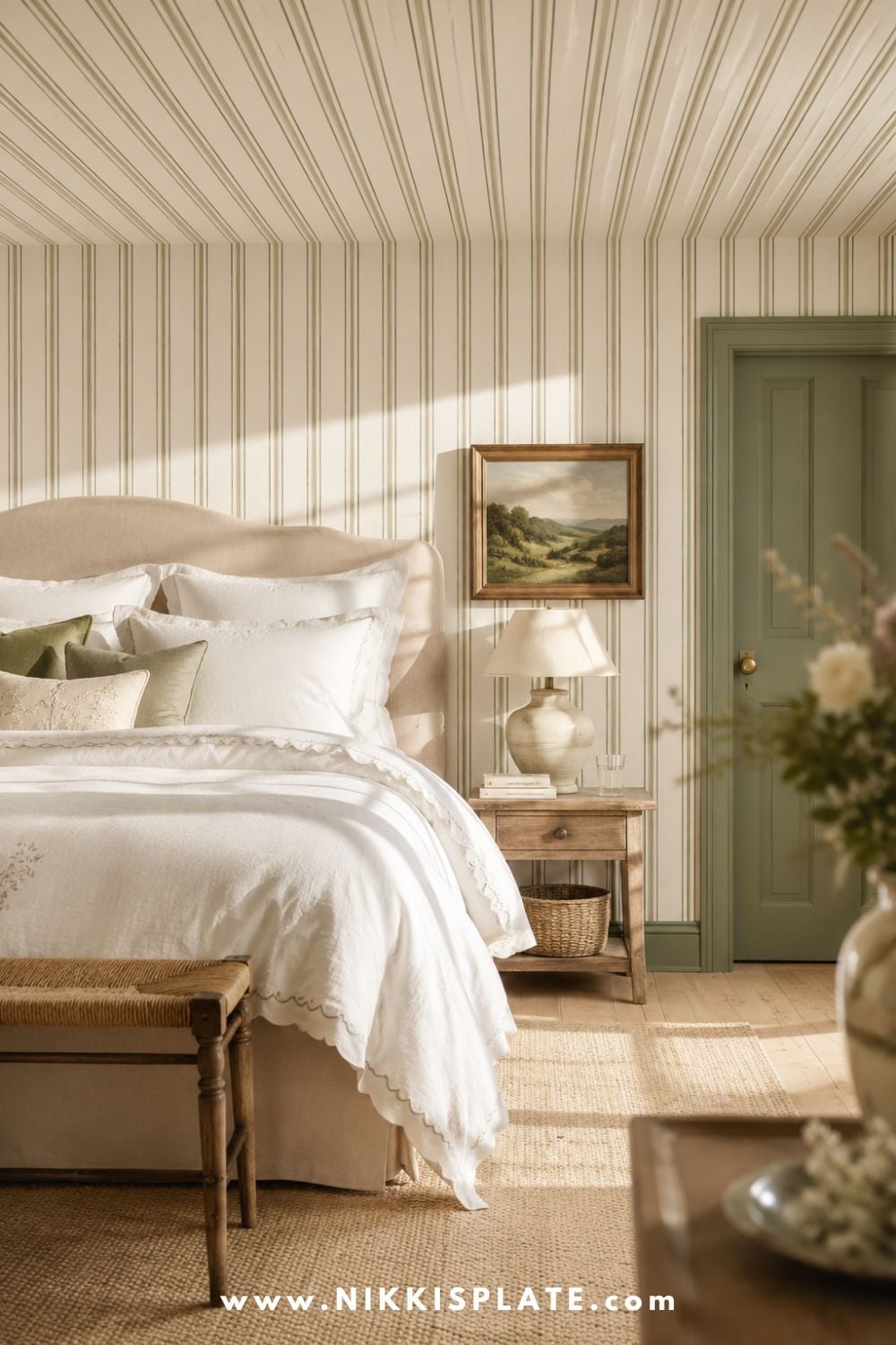 Cozy cottage bedroom with striped wallpaper extending onto the ceiling, a sage green door, upholstered bed, white bedding, and warm rustic accents.