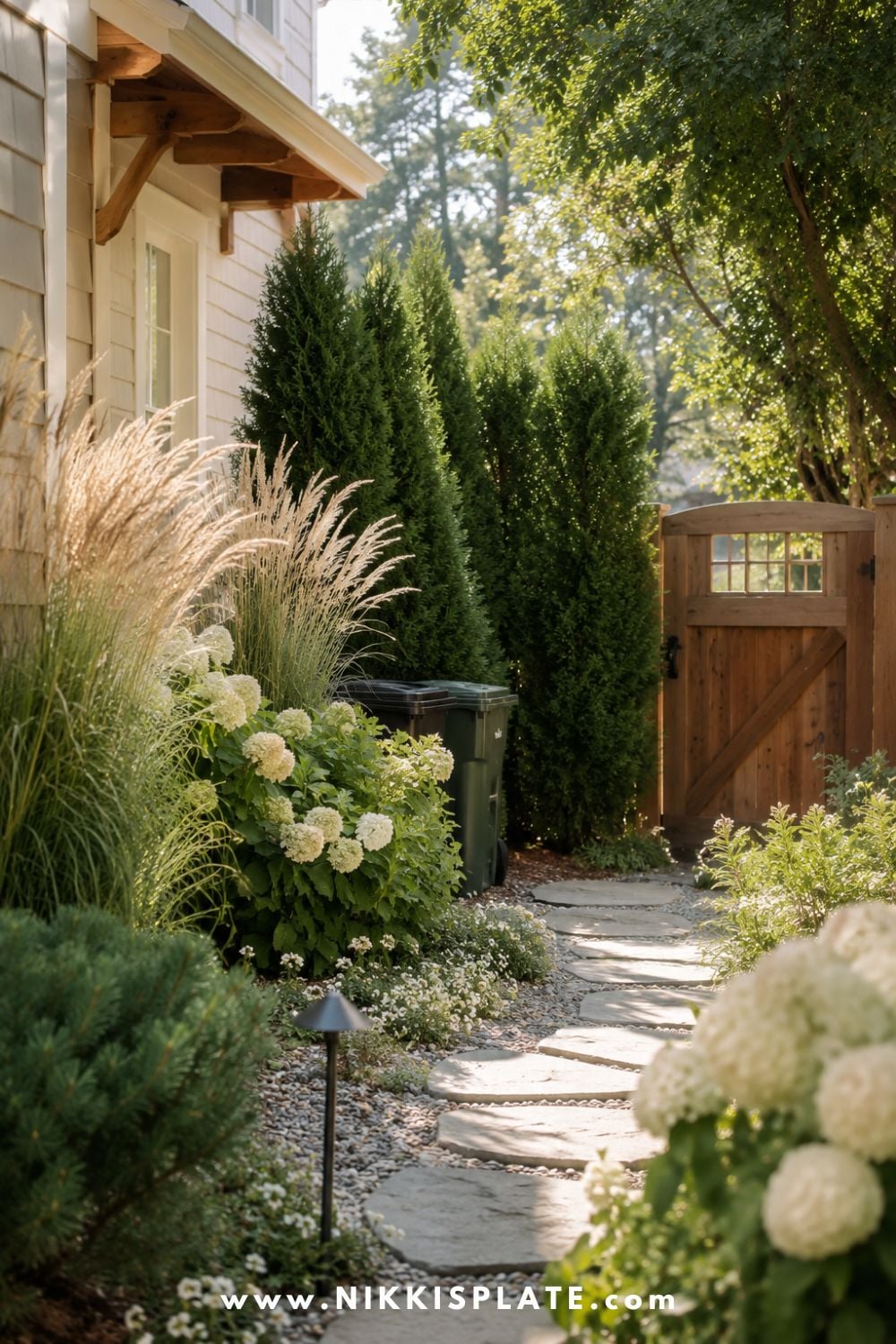 Tall ornamental grasses and evergreen shrubs naturally screening outdoor garbage cans along a landscaped garden path.