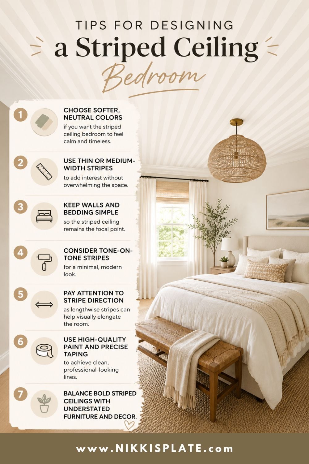 Pinterest infographic featuring seven tips for designing a striped ceiling bedroom beside a bright neutral bedroom with subtle ceiling stripes.