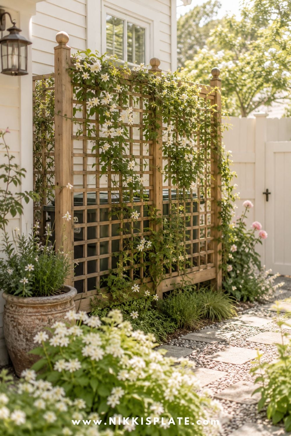 Wooden trellis covered with flowering climbing plants concealing outdoor garbage cans beside a cottage-style home.