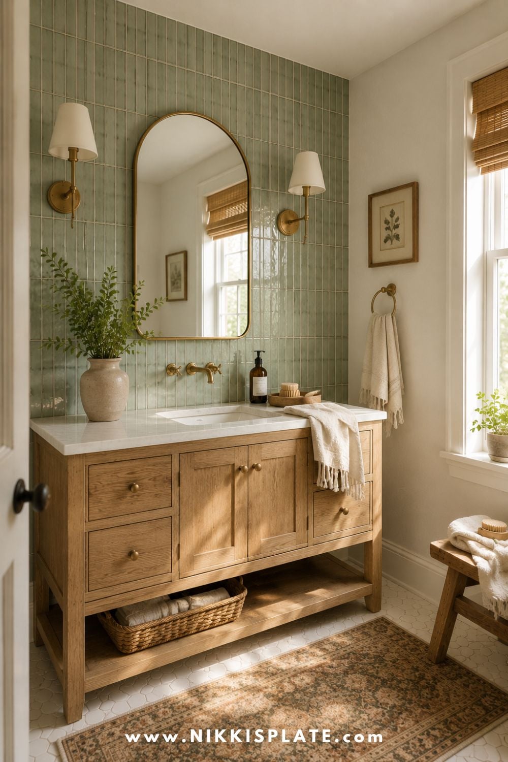 Modern farmhouse bathroom with vertical green tile accent wall, wood vanity, brass mirror, marble countertop, vintage rug, woven basket, and soft natural light.