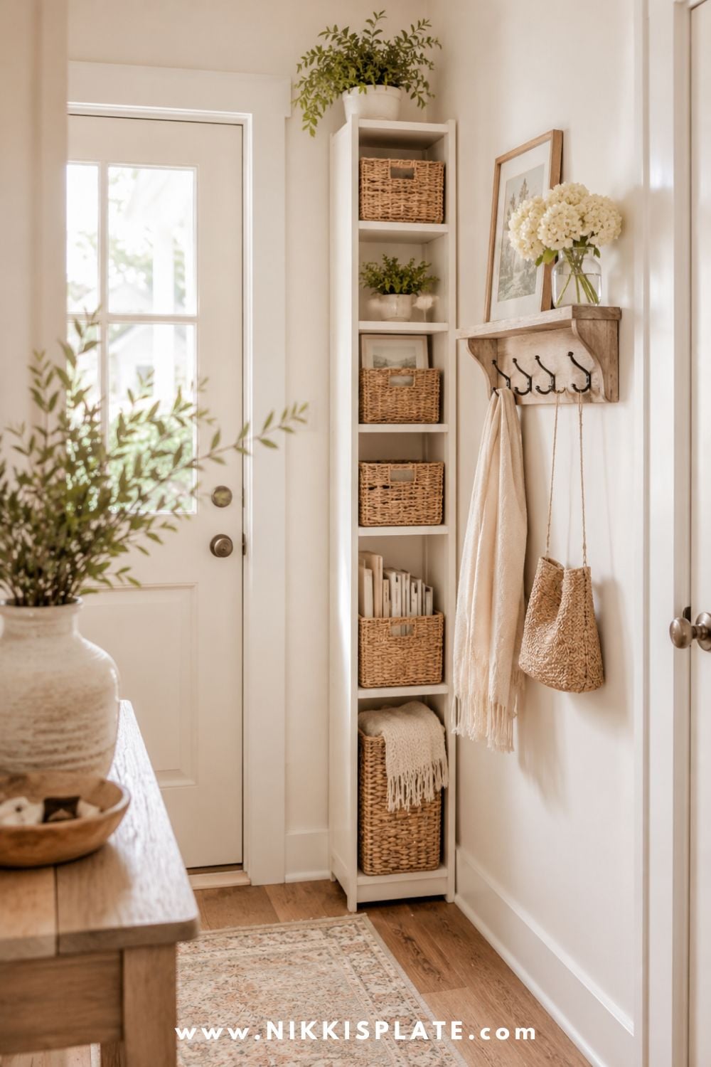 Small entryway with tall vertical storage shelves, woven baskets, hooks, and greenery for a neat farmhouse look.