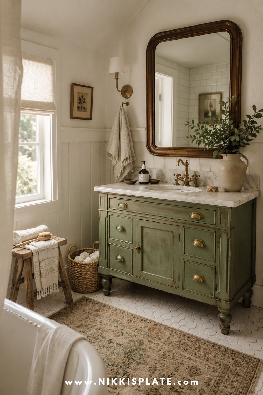 Vintage sage green bathroom vanity with brass hardware, marble countertop, wood mirror, linen towels, woven basket, and soft farmhouse bathroom styling.