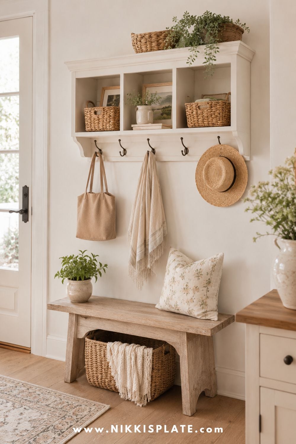 Wall-mounted entryway cubbies with baskets, hooks, greenery, and a bench for stylish everyday organization.