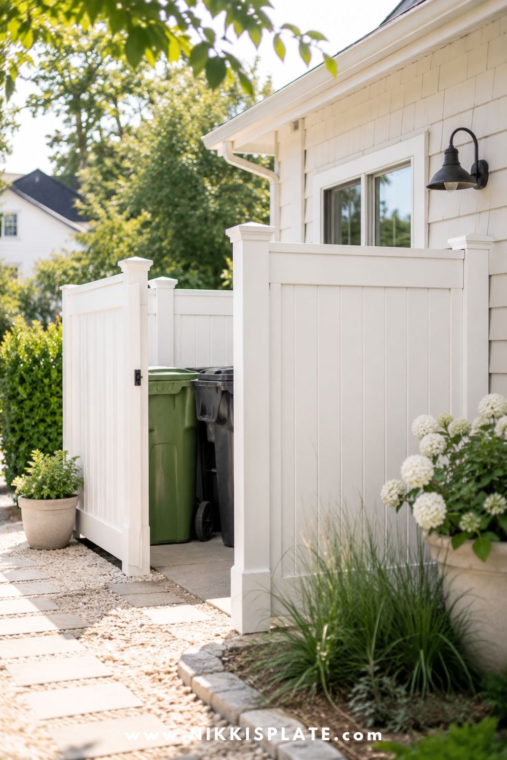White vinyl privacy screen hiding outdoor garbage and recycling bins beside a bright, landscaped home.