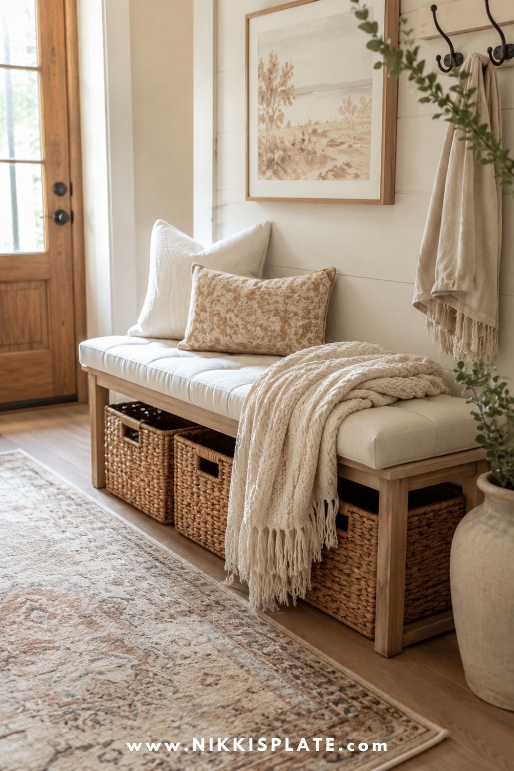 Cozy entryway bench with woven baskets underneath for hidden storage and a soft farmhouse look.
