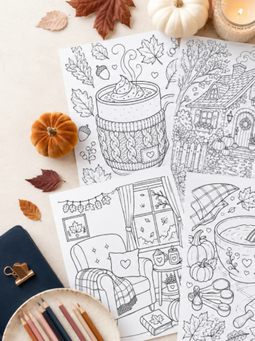 15 cozy fall coloring pages printable preview with pumpkins, mugs, leaves, candles, cottages, blankets, and autumn designs