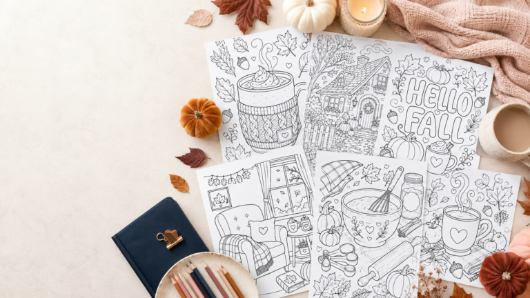 15 cozy fall coloring pages printable preview with pumpkins, mugs, leaves, candles, cottages, blankets, and autumn designs
