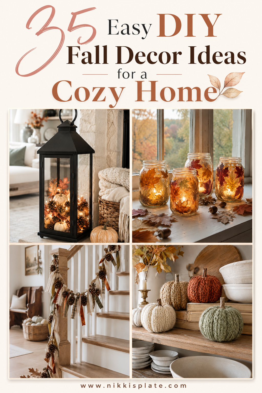 Discover 35 easy DIY fall decor ideas for creating a cozy home on a budget! Find beautiful fall crafts, including DIY pumpkins, wreaths, garlands, centerpieces, candle decorations, thrifted decor and Dollar Store fall ideas. Save these simple autumn decorating projects for your next cozy weekend craft!
