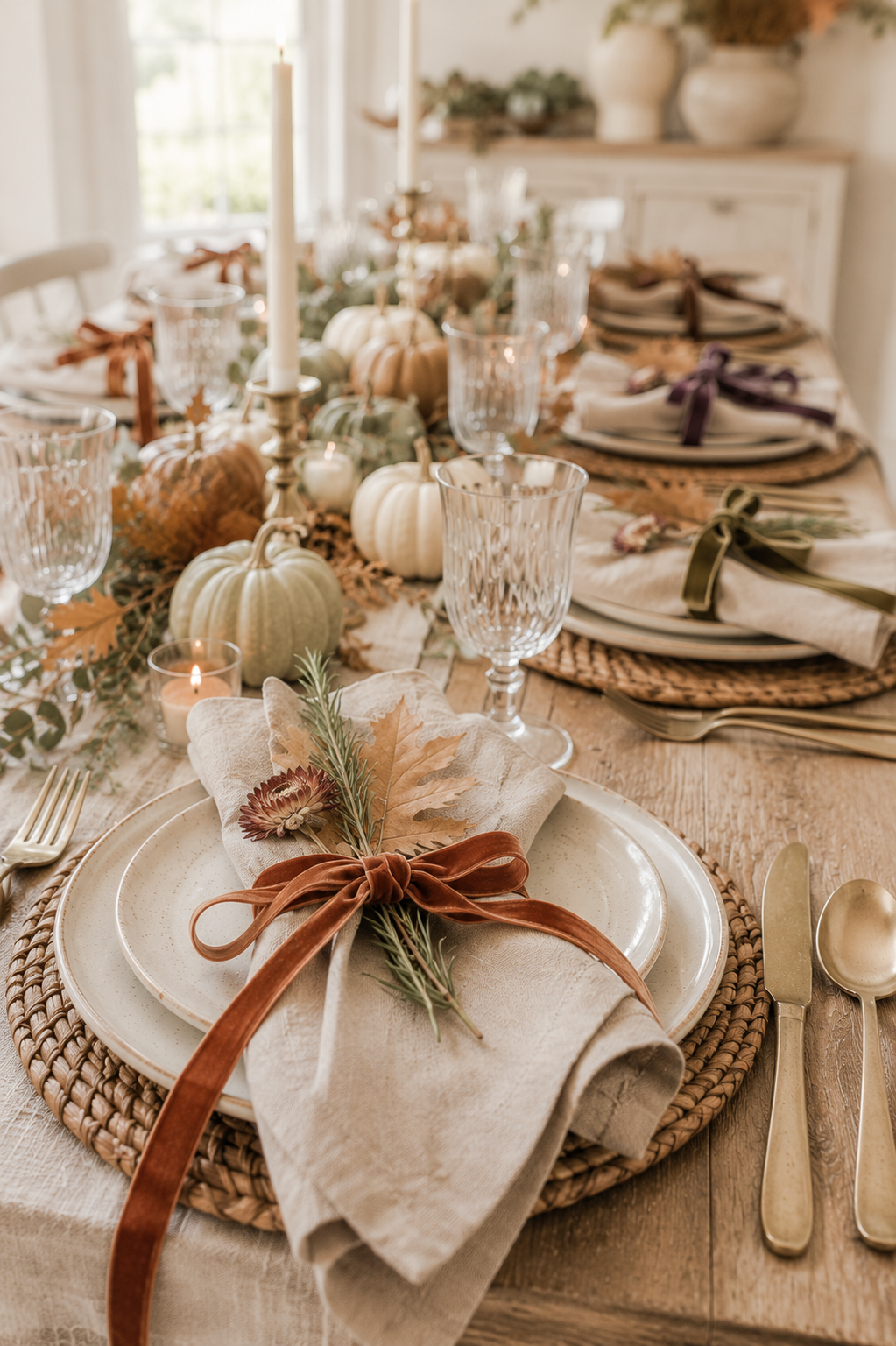 Oatmeal linen napkin tied with rust velvet ribbon and finished with a dried flower and autumn leaf.