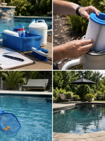 Pool maintenance checklist infographic outlining daily, weekly, monthly and seasonal tasks for keeping a backyard swimming pool clean, safe and swim-ready.