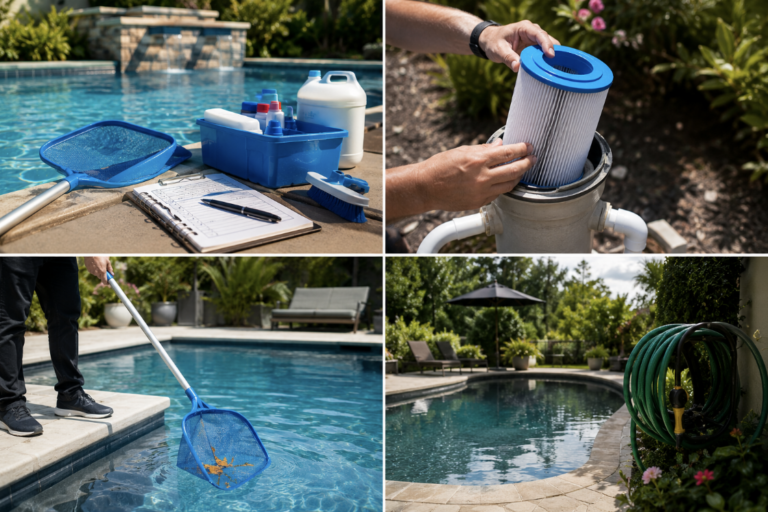 Pool maintenance checklist infographic outlining daily, weekly, monthly and seasonal tasks for keeping a backyard swimming pool clean, safe and swim-ready.
