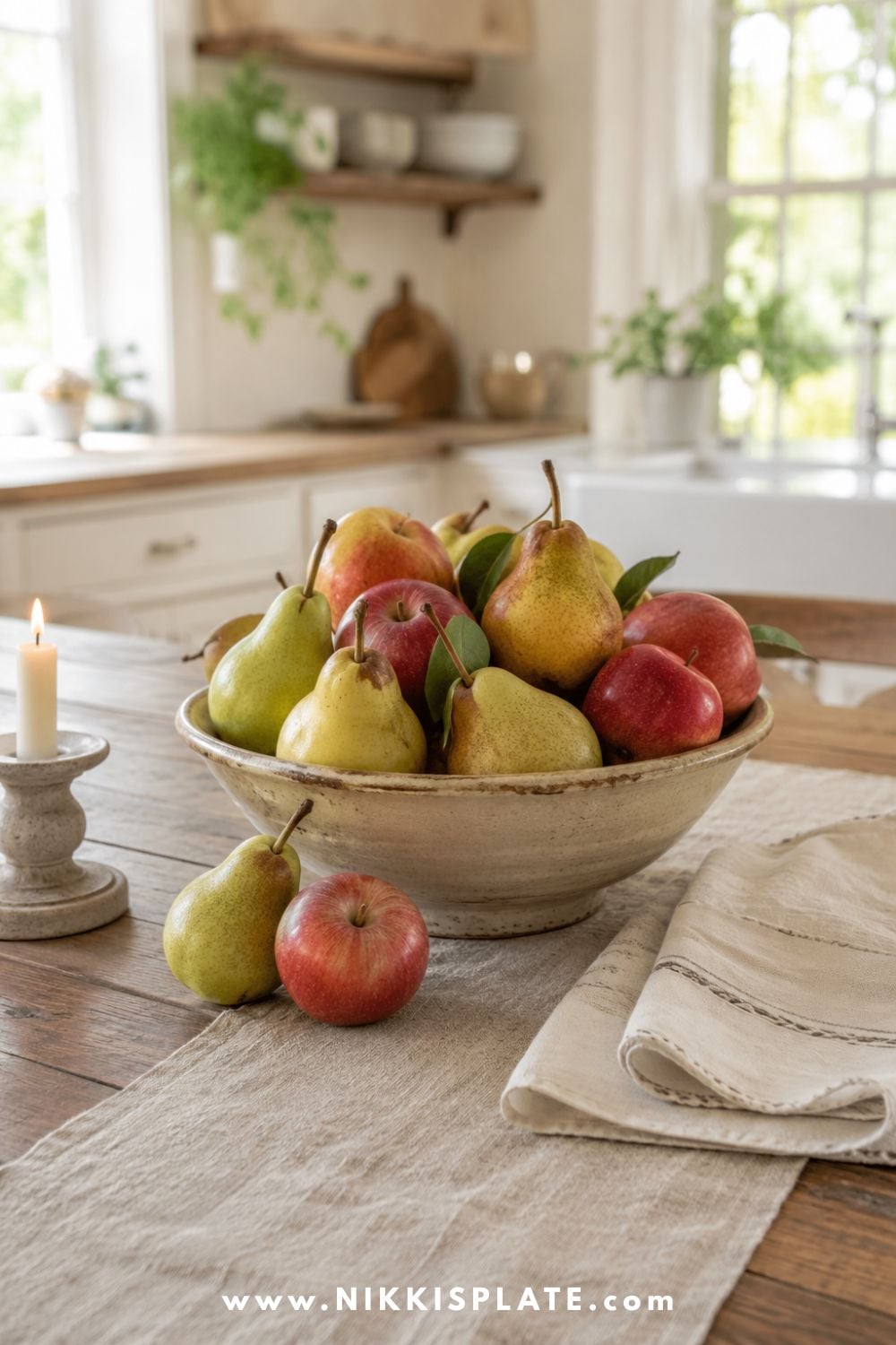 Simple fall table decor featuring a stoneware bowl of seasonal apples and pears on an oatmeal linen runner.