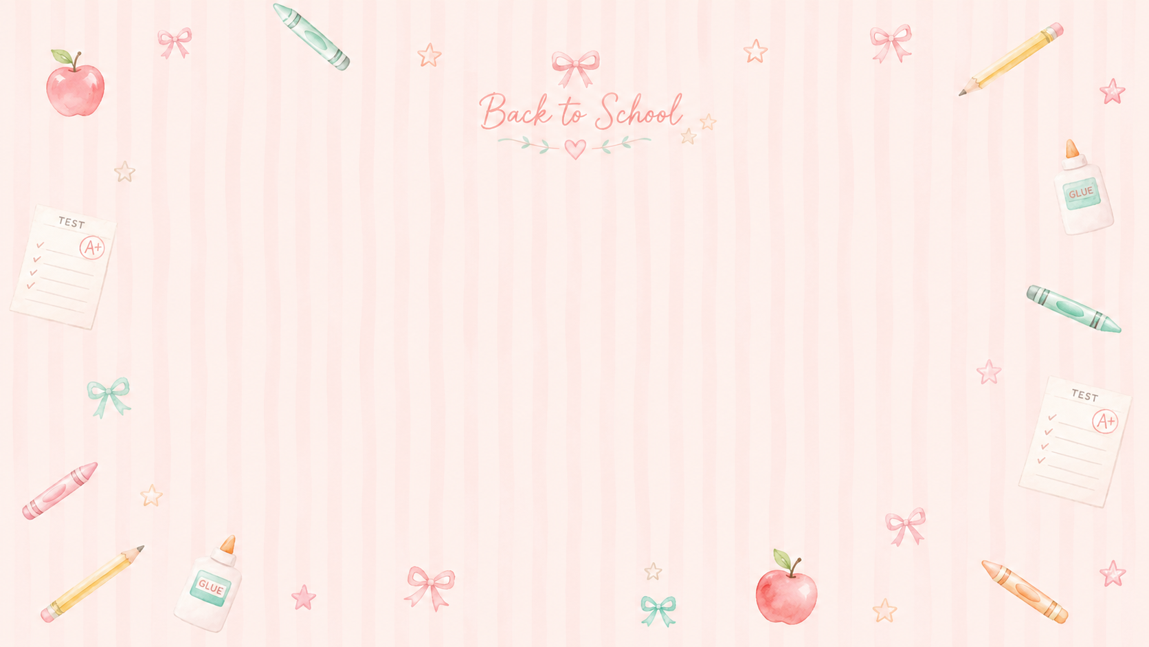 Back-to-school teacher desktop background with pink striped watercolor pattern, apples, pencils, crayons, glue bottle, test paper, stars, and bow accents for a cute teacher wallpaper, classroom desktop background, and school-inspired computer screen design.